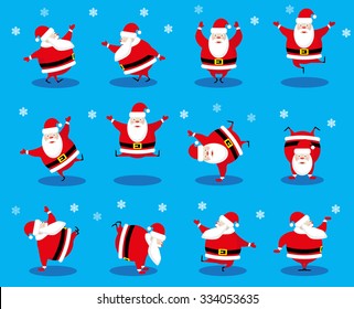 Vector set design elements funny and cute dancing Santa Claus different character isolated on blue background