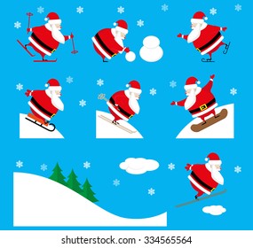 Vector set design elements funny and cute sportsman Santa Claus different character isolated on blue background