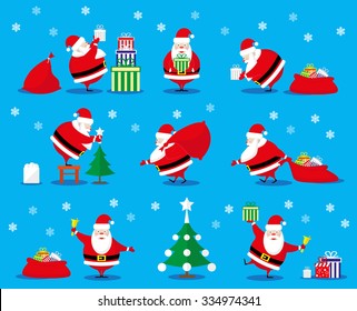 Vector set design elements funny and cute Santa Claus different character isolated on blue background