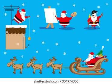 Elementos de diseño de vectores divertido y lindo Santa Claus diferente personaje como pintor, pirata, donador aislado en fondo azul