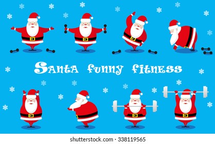 Vector set design elements funny Santa Claus different character does morning exercises with dumbbells and barbell isolated on blue background