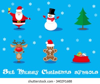 Vector set design elements funny Santa Claus, snowman, deer, gingerbread man, christmas tree, gift  bag isolated on blue background