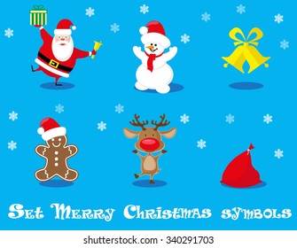 Vector set design elements funny Santa Claus, snowman, deer, gingerbread man, christmas bells, gift bag isolated on blue background