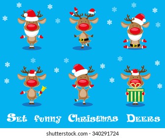 Vector set design elements funny Santa's  deers, christmas bells and gift  isolated on blue background