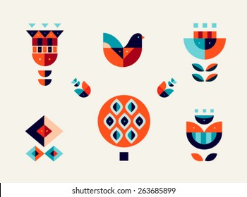 Vector set design elements, geometric bird and flowers. AI EPS 10