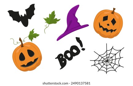 Vector set of design elements for Halloween. Image of a pumpkin with faces, a hat, a cobweb and a bat. Creepy hand drawings on a white background. Festive background for Halloween.