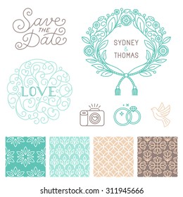 Vector set of design elements, hand-lettering, icons and seamless patterns in trendy elegant linear style for wedding invitations and greeting cards - design templates on white background