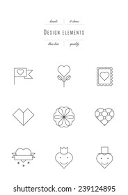 Vector set - design elements. Hearts. Thin line (variable line width)