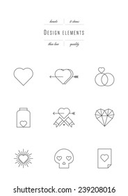 Vector set - design elements. Hearts. Thin line (variable line width)