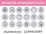 Vector set of design elements, icons, and badges for natural and organic cosmetics skincare ingredients in trendy linear style. Centella asiatica, niacinamide, chromabright, fruity acid, saffron, etc.