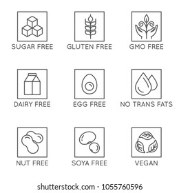 Vector set of design elements and icons for healthy food packaging without allergens - sugar, gluten, gmo, dairy and egg free, no trans fats, vegan
