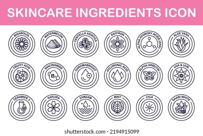 Vector set of design elements, icons, and badges for natural and organic cosmetics skincare ingredients in trendy linear style. Centella asiatica, niacinamide, chromabright, fruity acid, saffron, etc.