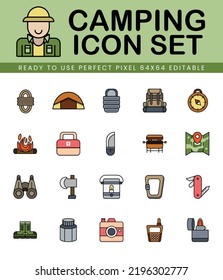 Vector set of design elements and icons for camping equipment in lineal color style. Tent, backpack, sleeping bag, compass, map, walkie-talkie, lighter, binoculars, first aid, knife, etc.