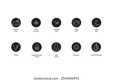 Vector set of design elements, icons and badges for natural and organic cosmetics in black color flat style, cruelty free, not tested on animals, paraben free, gluten free, organic