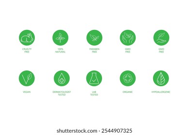 Vector set of design elements, icons and badges for natural and organic cosmetics in green color flat style, cruelty free, not tested on animals, paraben free, gluten free, organic