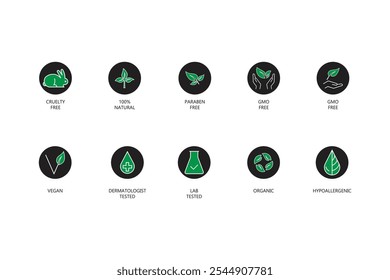 Vector set of design elements, icons and badges for natural and organic cosmetics in flat style green and black colors, cruelty free, not tested on animals, paraben free, gluten free, organic