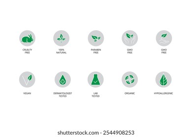 Vector set of design elements, icons and badges for natural and organic cosmetics in flat style of green and gray colors, cruelty-free, not tested on animals, paraben-free, gluten-free, organic