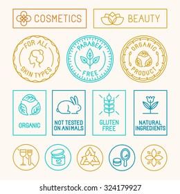 Vector set of design elements, icons and badges in trendy linear style for natural cosmetics packaging - paraben free, organic product, not tested on animals