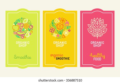 Vector set of design elements, icons and hand-lettering in trendy linear style - logo design templates and concepts for packaging and labels for fresh juices, diet smoothie and healthy food