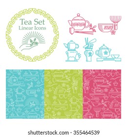 Vector set of design elements. Icons and badges in linear fashion style - Chinese and Japanese tea facilities. Tea ceremony, teapots, tea cups and other items. It can be used for packaging tea.