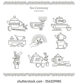 Vector set of design elements. Icons and badges in the trendy linear style. The Chinese and Japanese tea facilities. Tea ceremony, teapots, teacups and other elements in flat style.