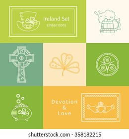 Vector set of design elements. Icons and badges in the trendy linear style. Ireland, trilistnik pot, harp and other elements in flat style.