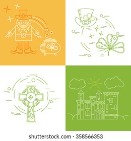 Vector set of design elements. Icons and badges in the trendy linear style. Ireland, trilistnik pot, harp and other elements in flat style.