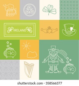 Vector set of design elements. Icons and badges in the trendy linear style. Ireland, trilistnik pot, harp and other elements in flat style.
