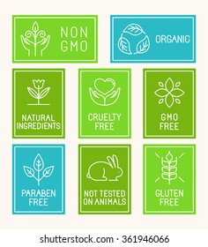 Vector set of design elements, icons and badges in trendy linear style for natural cosmetics packaging and organic products and food - paraben free, non gmo, cruelty free, not tested on animals