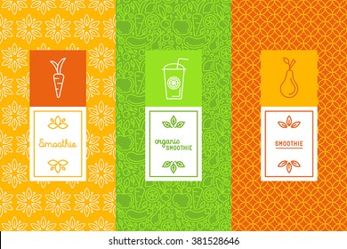 Vector set of design elements, icons and hand-lettering in trendy linear style - logo design templates and concepts for packaging and labels for fresh juices, diet smoothie and healthy food