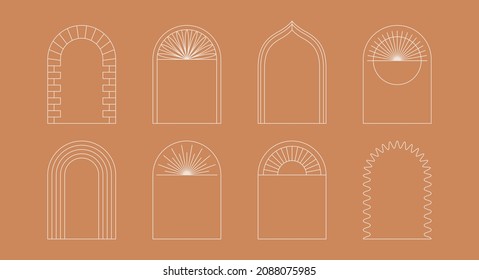 Vector set of design elements and illustrations in simple linear style - boho arch logo design elements and frames for social media stories and posts