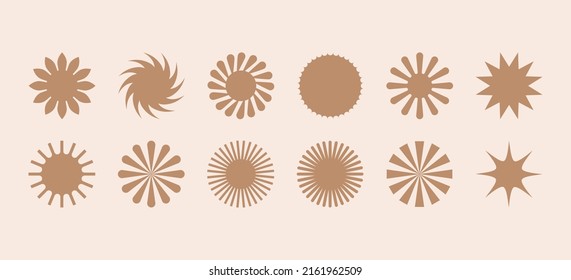 Vector set of design elements and illustrations in simple flat linear style - sun symbols, abstract forms and shapes - logo design templates, badges and stickers for posters, prints, banners