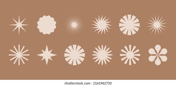 Conjunto vectorial de elementos de diseño e ilustraciones en un estilo lineal plano simple - símbolos de sol, formas y formas abstractas - plantillas de diseño de logotipo, insignias y etiquetas para carteles, impresiones, banners