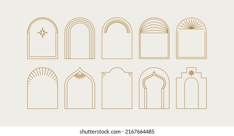 Vector set of design elements and illustrations in simple linear style - boho arch logo design elements and frames for social media stories and posts