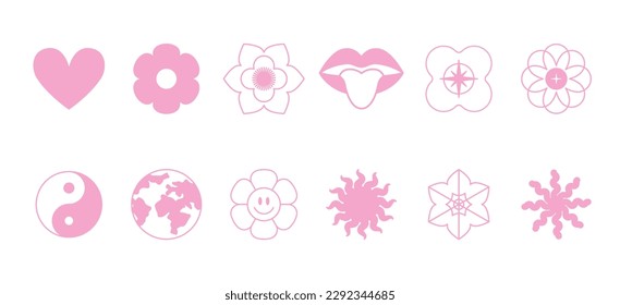 Vector set of design elements and illustrations in simple minimalist linear style - flowers and stickers, y2k design elements