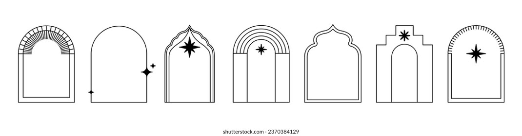 Vector set of design elements and illustrations in simple linear style - boho arch logo design elements and frames for social media stories and posts