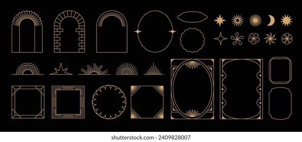 Vector set of design elements and illustrations in simple linear style - boho arch and border logo design elements and frames for social media stories and posts, prints and posters elements with stars