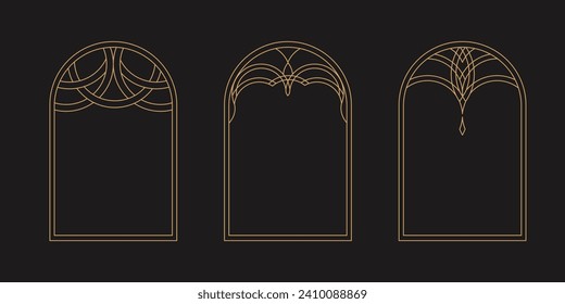 Vector set of design elements and illustrations in simple bohemian linear or line art style. Boho arch frame design elements for social media stories and posts.