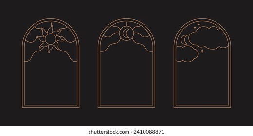 Vector set of design elements and illustrations in simple bohemian linear or line art style. Boho arch frame design elements for social media stories and posts.