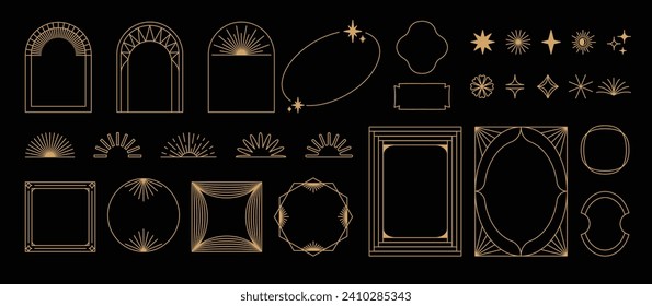 Vector set of design elements and illustrations in simple linear style - boho arch and border logo design elements and frames for social media stories and posts, prints and posters elements with stars