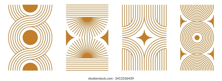 Conjunto vectorial de elementos de diseño e ilustraciones en un estilo lineal simple y minimalista: formas y formas abstractas, impresiones de arte mural, afiches geométricos minimalistas 
