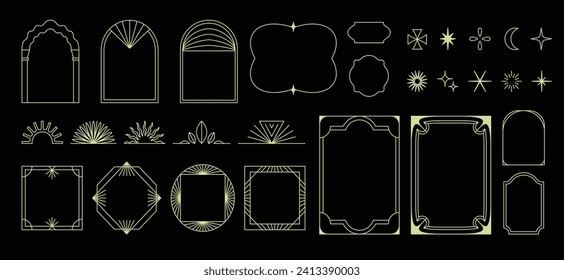 Vector set of design elements and illustrations in simple linear style - boho arch and border logo design elements and frames for social media stories and posts, prints and posters elements with stars