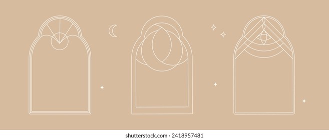Vector set of design elements and illustrations in simple bohemian linear or line art style. Boho arch frame design elements for social media stories and posts.