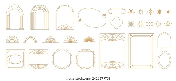 Vector set of design elements and illustrations in simple linear style - boho arch and border logo design elements and frames for social media stories and posts, prints and posters elements with stars