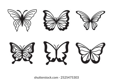 Vector set of design elements and illustrations in simple minimalist linear style - butterflies, prints and posters design elements in y2k style
