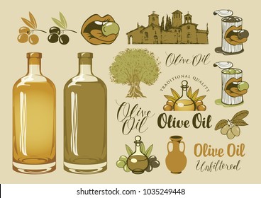 Vector set of design elements and inscriptions on the theme of olive oil in retro style