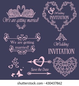 Vector set of design elements for invitations for the wedding cards.
