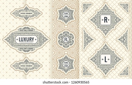 Vector set of design elements labels, icon, logo, frame, luxury packaging for the product. Vertical black cards on a white background. Templates vintage ornament