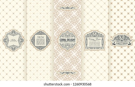 Vector set of design elements labels, icon, logo, frame, luxury packaging for the product. Vertical black cards on a white background. Templates vintage ornament