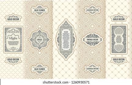 Vector set of design elements labels, icon, logo, frame, luxury packaging for the product. Vertical black cards on a white background. Templates vintage ornament